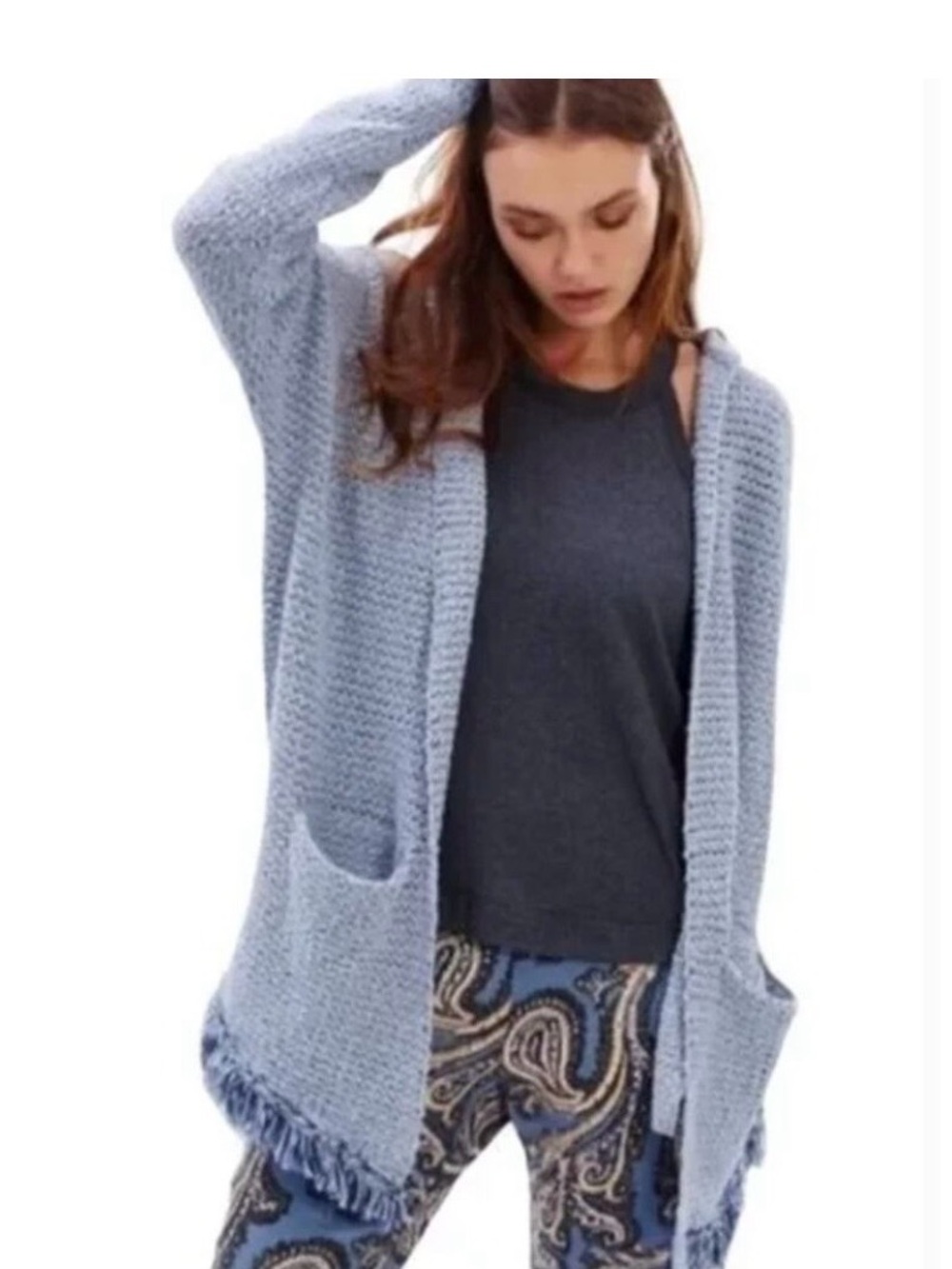Free People Love Me Tender Fringe Blue/Gray Hoodie Knit Cardigan Size Small